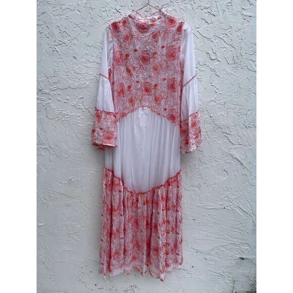 TAJ Sabrina Womens Long Sleeve Embroidered Floral St Barth Dress Red White S - Picture 2 of 11